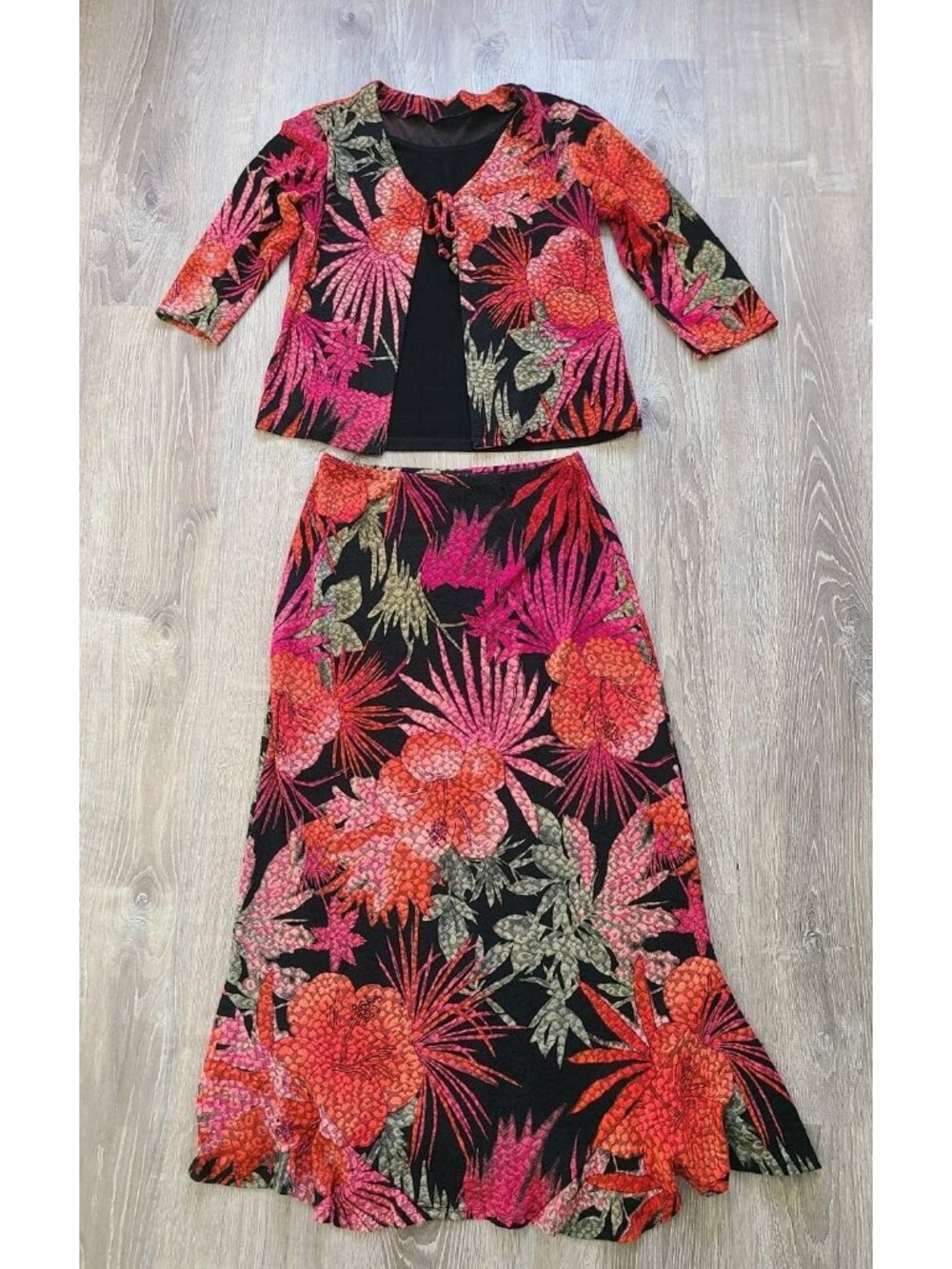 Vtg West End Women M Outfit Set Tropical Red Floral Stretchy Maxi Skirt Open Top